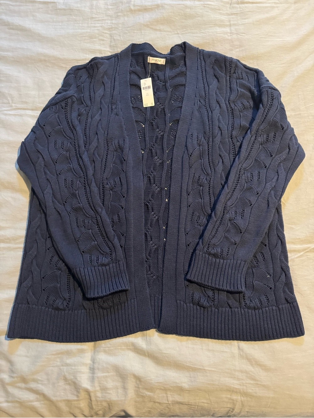 Maeve Navy Blue Open-Front Cable Knit Cardigan